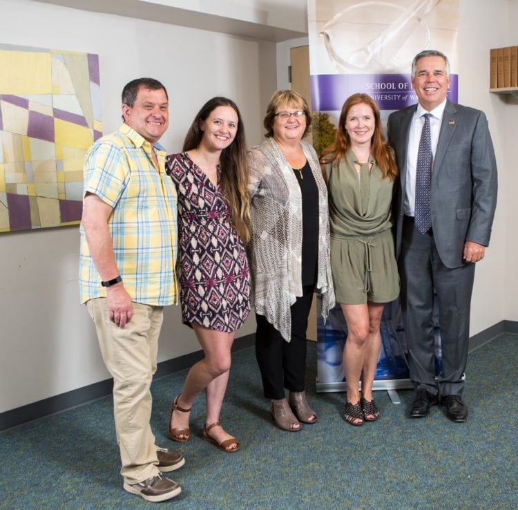 The Wallaces’ niece and family (left to right: Kevin Stadler, Maggie Ryan, and Cheri Ryan) with UWSOP Campaign Co-chair Dana Hurley, ’97, ’00, ’04, and Dean Sean D. Sullivan.