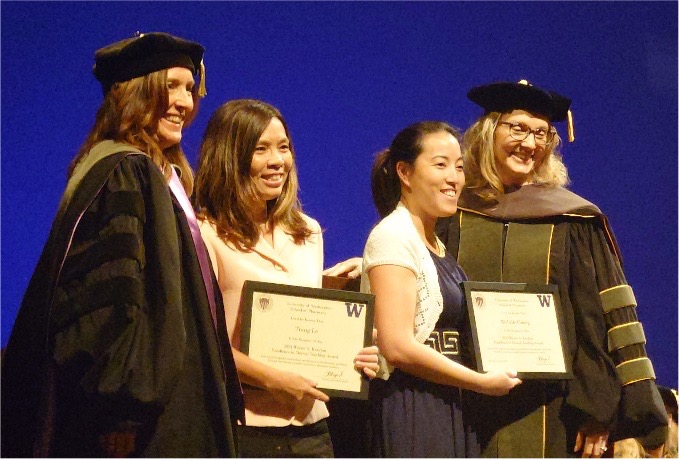 T. Le (Left) and M. Chiang (Right), awarded during the Annual Graduate Recognition Ceremony with Peggy Odegard and Jennifer Danielson