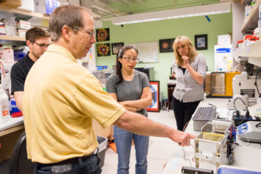 Research Assistant Professor Cathy Yeung (center) and the BioServe team work out how to pack an experiment for a space flight. 