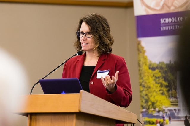 Plein Center Director and Bridge Endowed Professor Shelly Gray opened the Plein Symposium