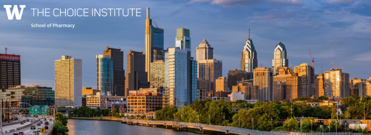Philadelphia Skyline with the river and buildings and highway. The CHOICE Institute logo appears in the top left corner in white, against a blue sky.