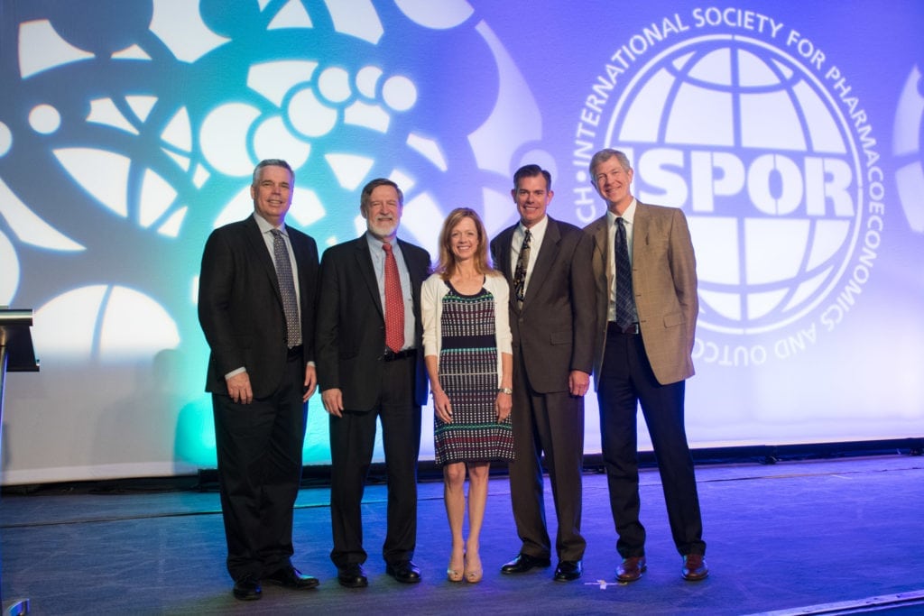 UWSOP faculty and alumni past, present and future leaders of ISPOR (From left to right): Past President (2003-2004) Sean D. Sullivan, President Lou Garrison, President-elect Shelby D. Reed, Immediate Past President Daniel Malone, Past President (2010-2011) Scott Ramsey